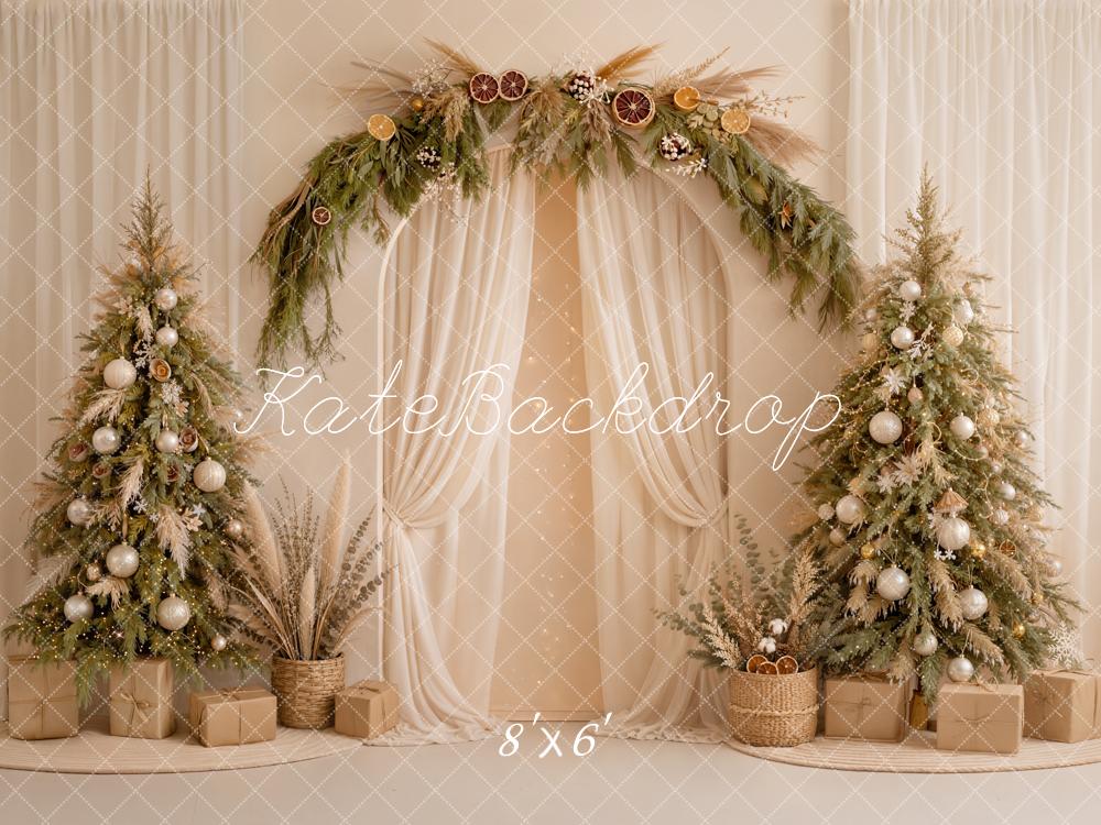 Kate Christmas Boho Flower Arch Cream Drapes Neutral Trees Printed Backdrop Designed by Emetselch