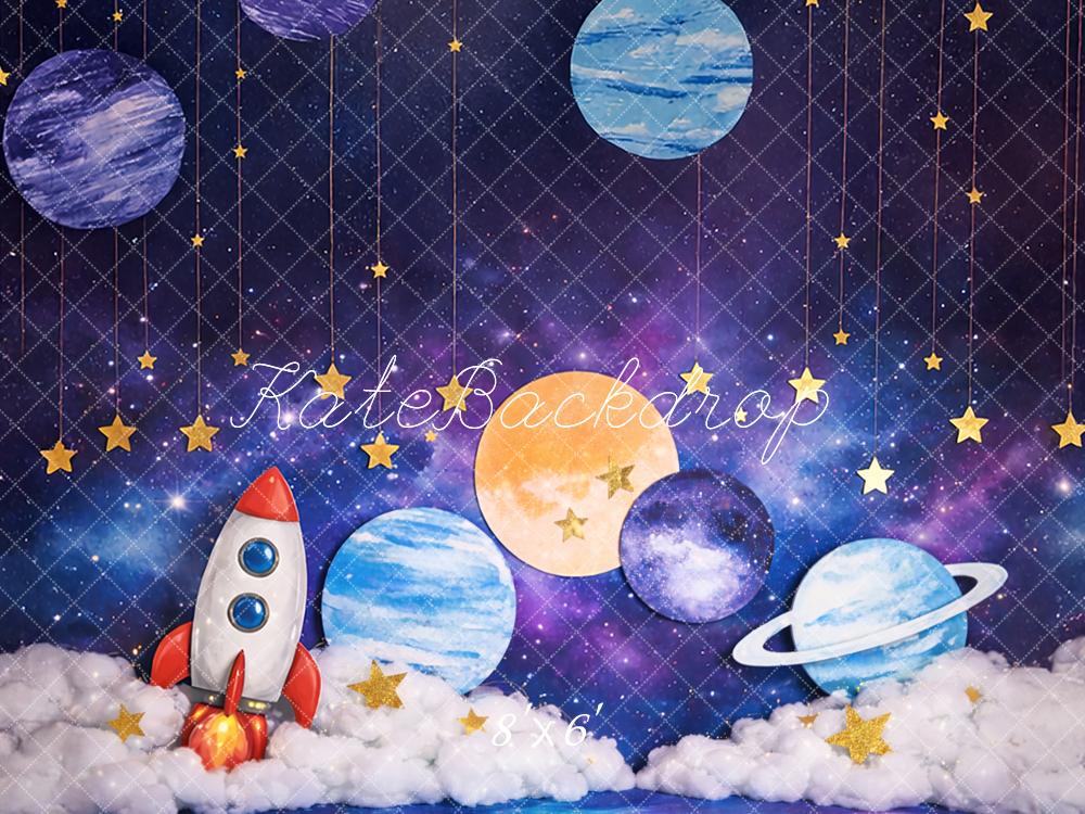 Kate Cake Smash Space Rocket Planets Clouds Printed Backdrop Designed by Mandy Ringe Photography