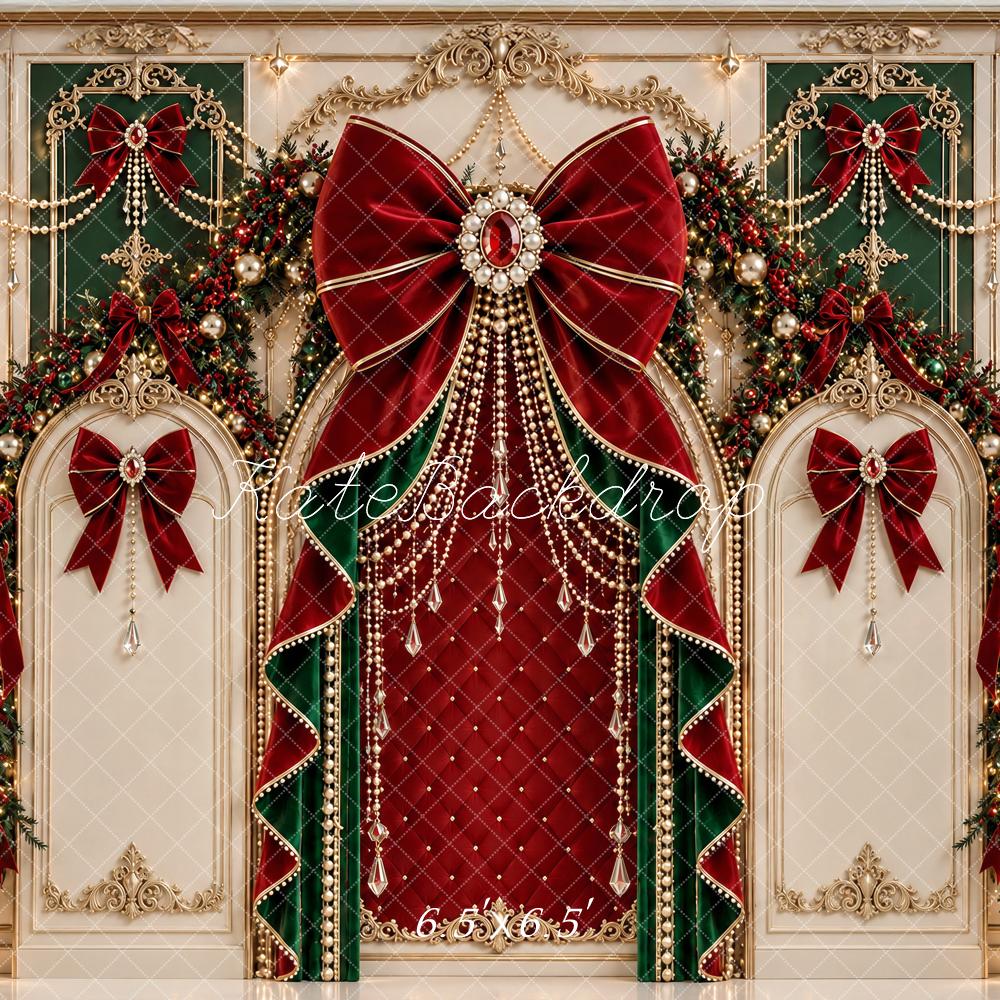 Kate Christmas Baroque Red Bow Wreath Ornate Printed Backdrop Designed by Ashley Paul