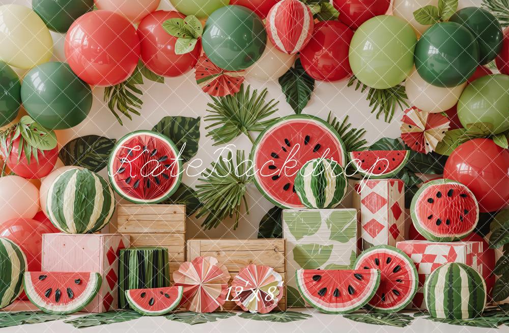 TEST Kate Summer Watermelon Balloons Leaves Wooden Crates Printed Backdrop Designed by Emetselch