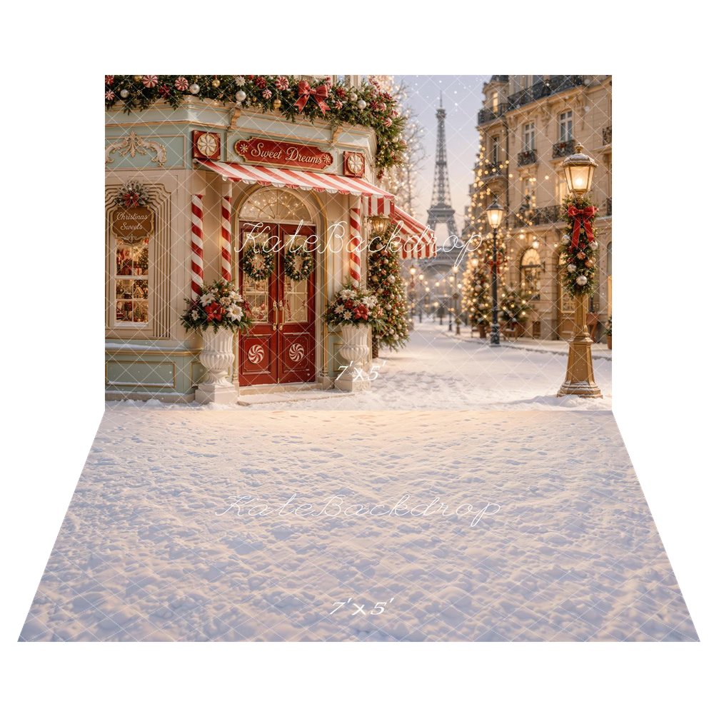 Kate Christmas Paris Candy Shop Snowy Street Printed Backdrop+Snowy Floor Printed Backdrop
