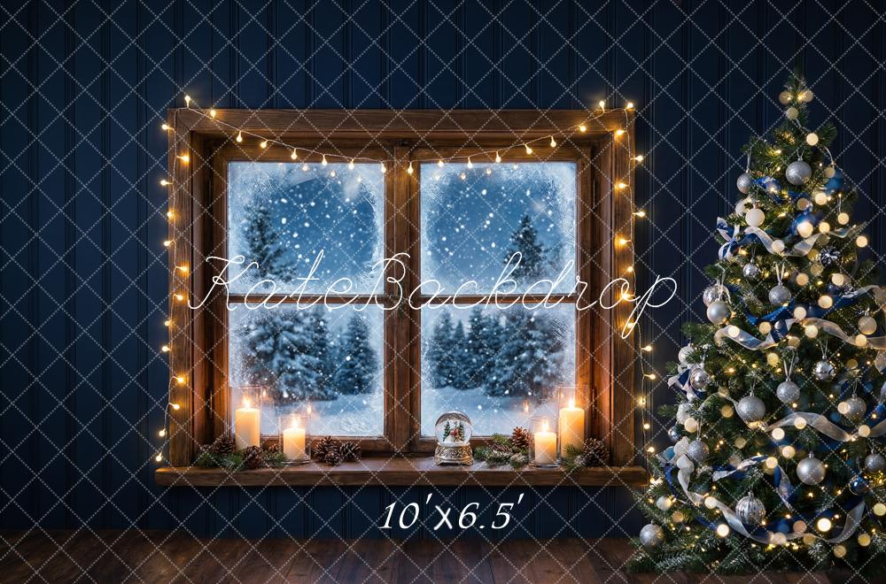 Kate Christmas Window Tree Snowy Night Printed Backdrop Designed by Happy Squirrel Design