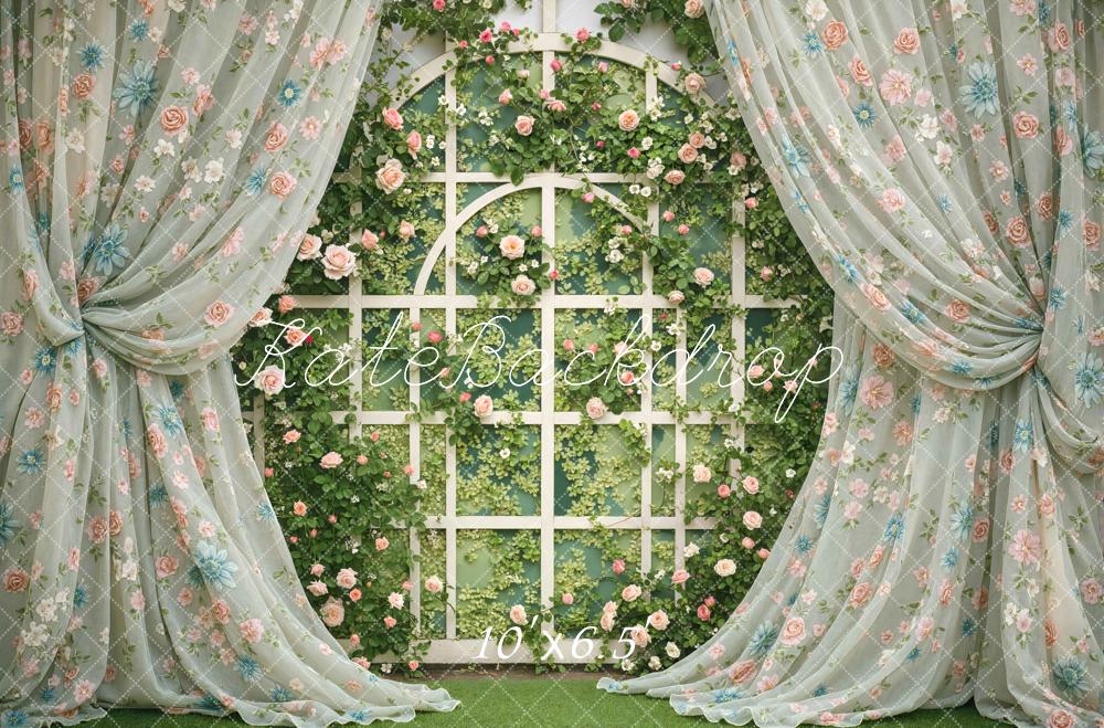 Kate Summer Floral Trellis with Sheer Curtains Printed Backdrop Designed by Mini MakeBelieve