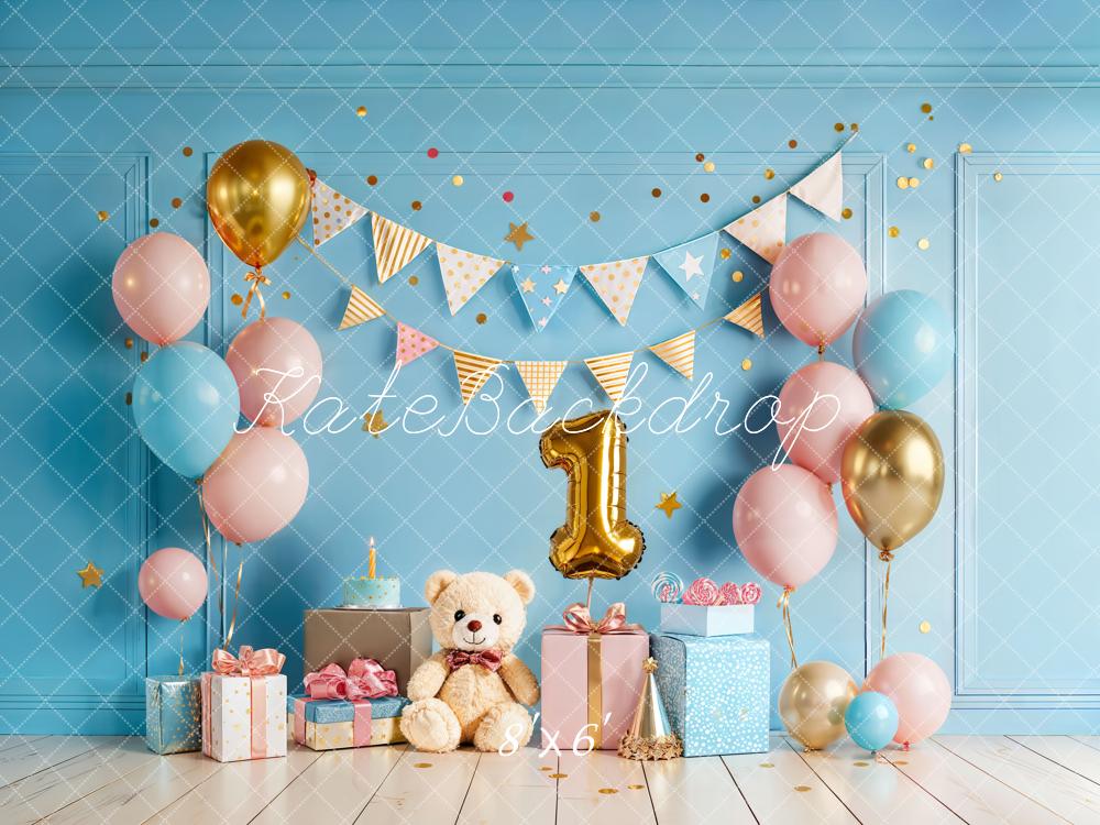 TEST Kate Cake Smash Blue Balloon Bunting Teddy Bear First Birthday Backdrop Designed by Chain Photography