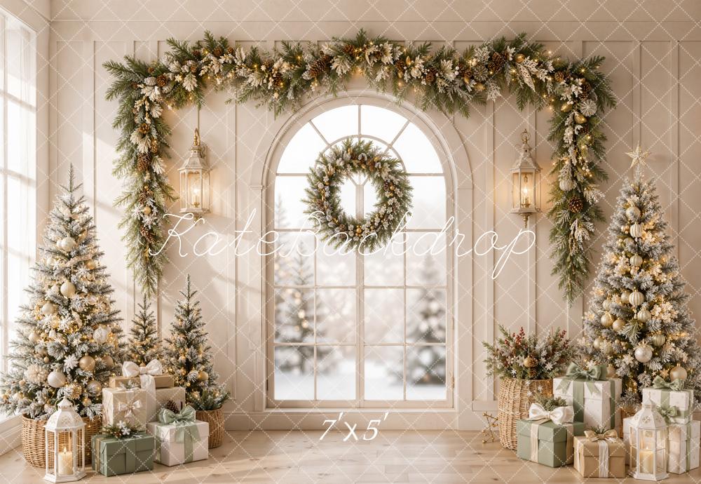 Kate Christmas Beige Garland Trees Presents Retro Printed Backdrop Designed by Emetselch