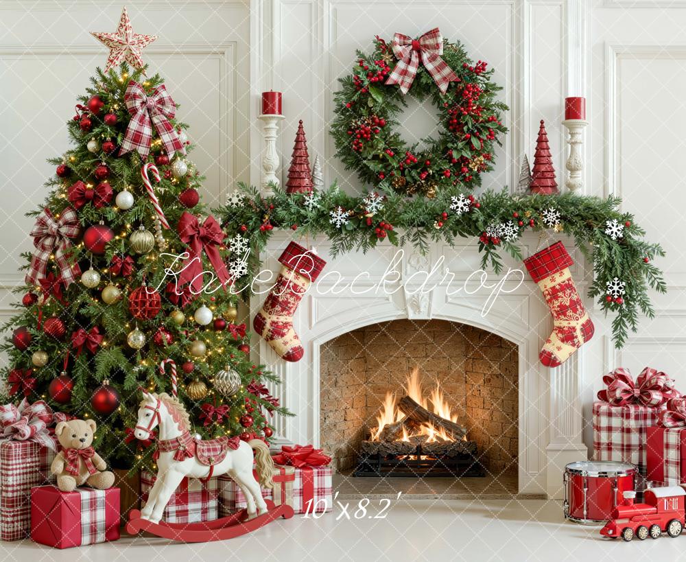 Kate Christmas Fireplace Red Plaid Tree Wreath Gifts Snowflakes Printed Backdrop Designed by Mini MakeBelieve
