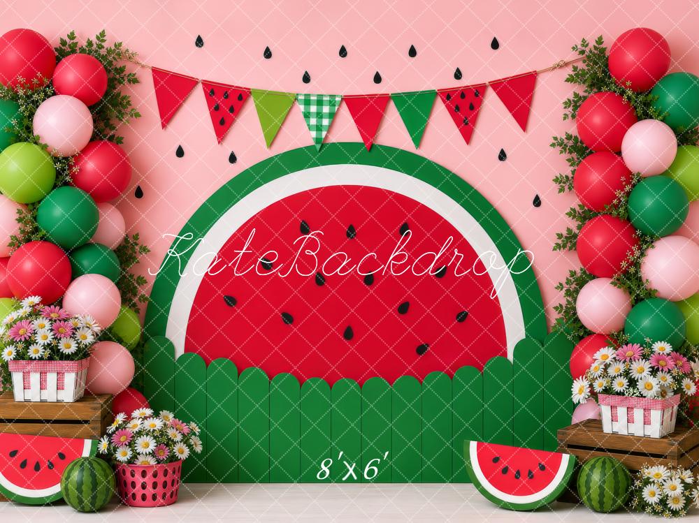 Kate Cake Smash Watermelon Balloons Flowers Crates Summer Printed Backdrop Designed by Shutter Swan Studios