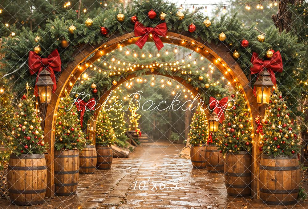 Kate Christmas Wood Arch Garland Barrel Trees Backdrop Designed by Emetselch
