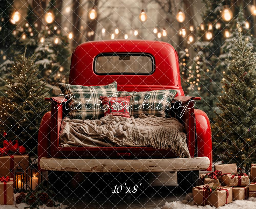 Kate Christmas Red Truck Pine Trees String Lights Backdrop Designed by Emetselch