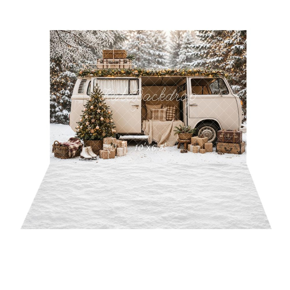 Kate Christmas Tree Camper Van Snowy Forest Gifts Printed Backdrop+White Snow Floor Printed Backdrop