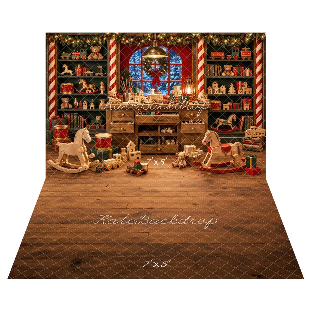Kate Christmas Toys Room Wooden Rocking Horse Teddy Bear Printed Backdrop+Brown Wooden Floor Printed Backdrop