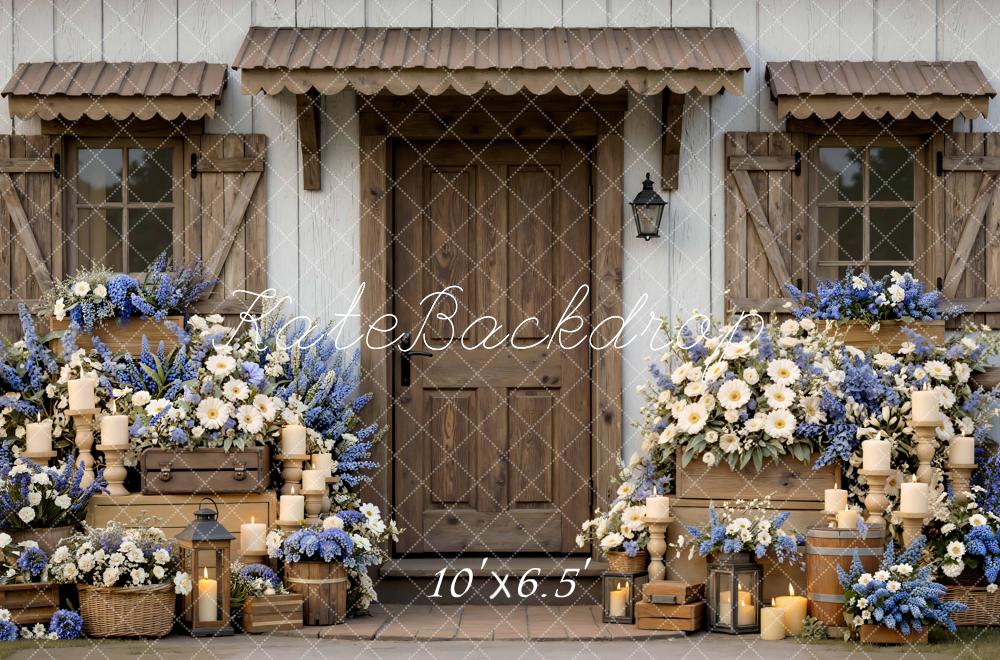 Kate Spring Rustic Porch Blue White Flowers Candles Crates Backdrop Designed by Mini MakeBelieve