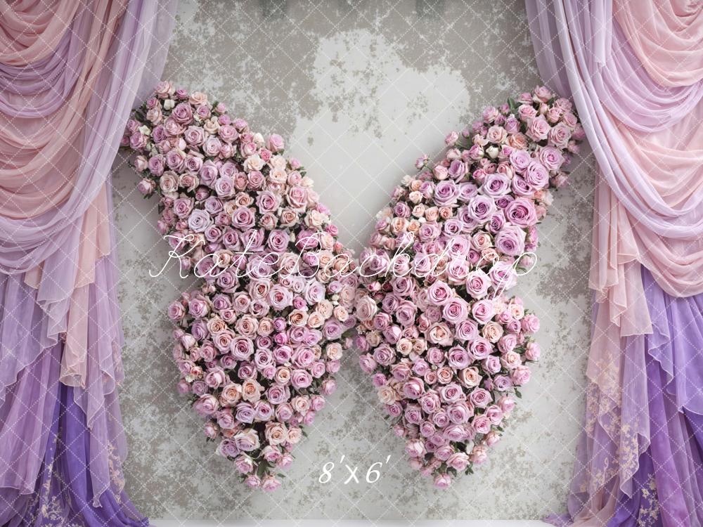 Kate Pink Rose Wings with Lavender Drapes Printed Backdrop Designed by Mini MakeBelieve