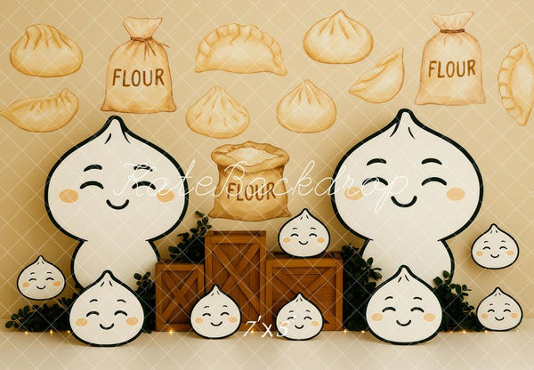 Cute Hand-Drawn Dumplings And Flour Bags Backdrop