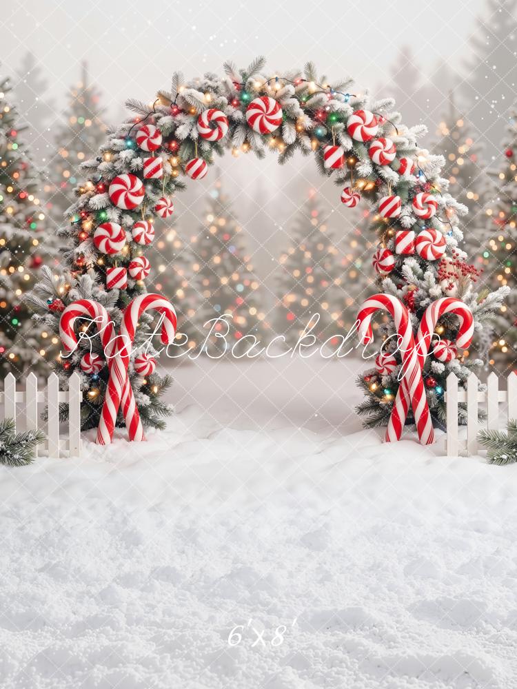 Kate Christmas Candy Cane Flower Arch Snow Printed Backdrop Designed by Emetselch