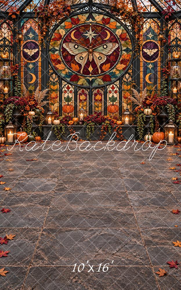 Kate Sweep Fall Stained Glass Moth Pumpkins Printed Backdrop Designed by Vertigo Productions
