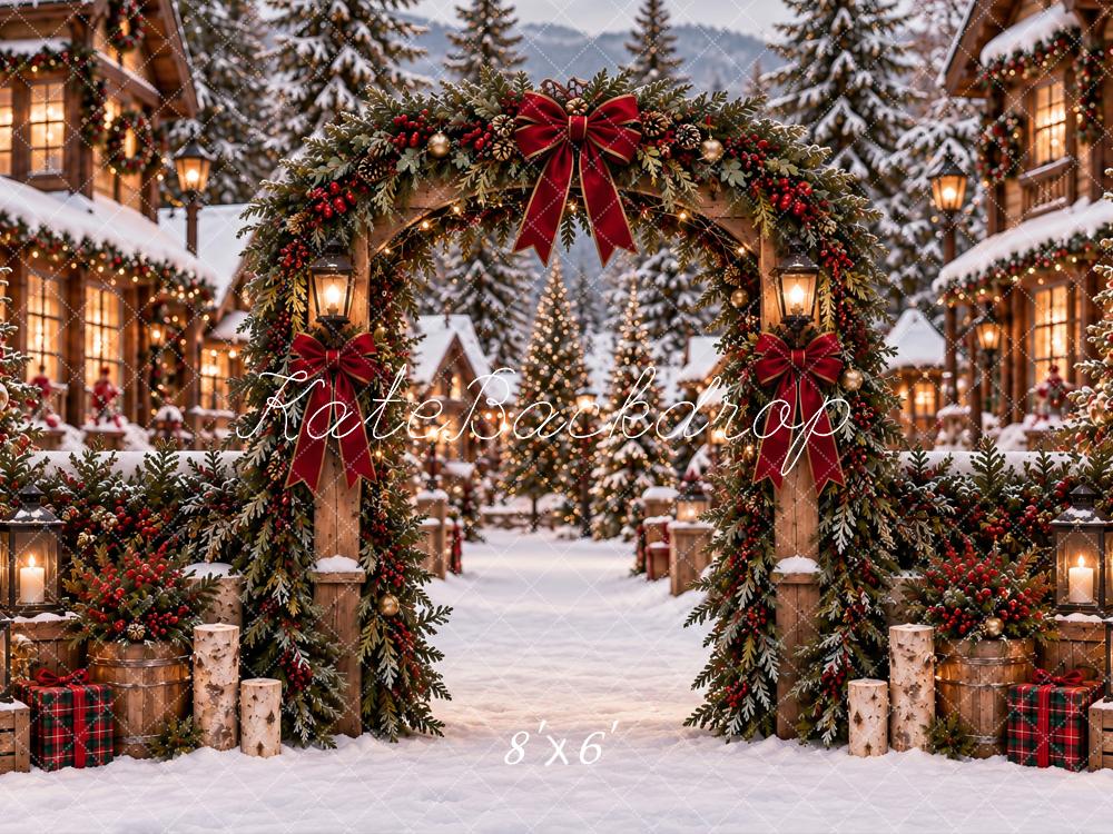 Kate Christmas Snowy Village Arch Garland Red Bow Printed Backdrop Designed by Ashley Paul