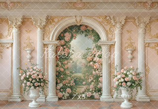 Kate Spring Floral Arch Ornate Columns Pink Roses Printed Backdrop Designed by Emetselch