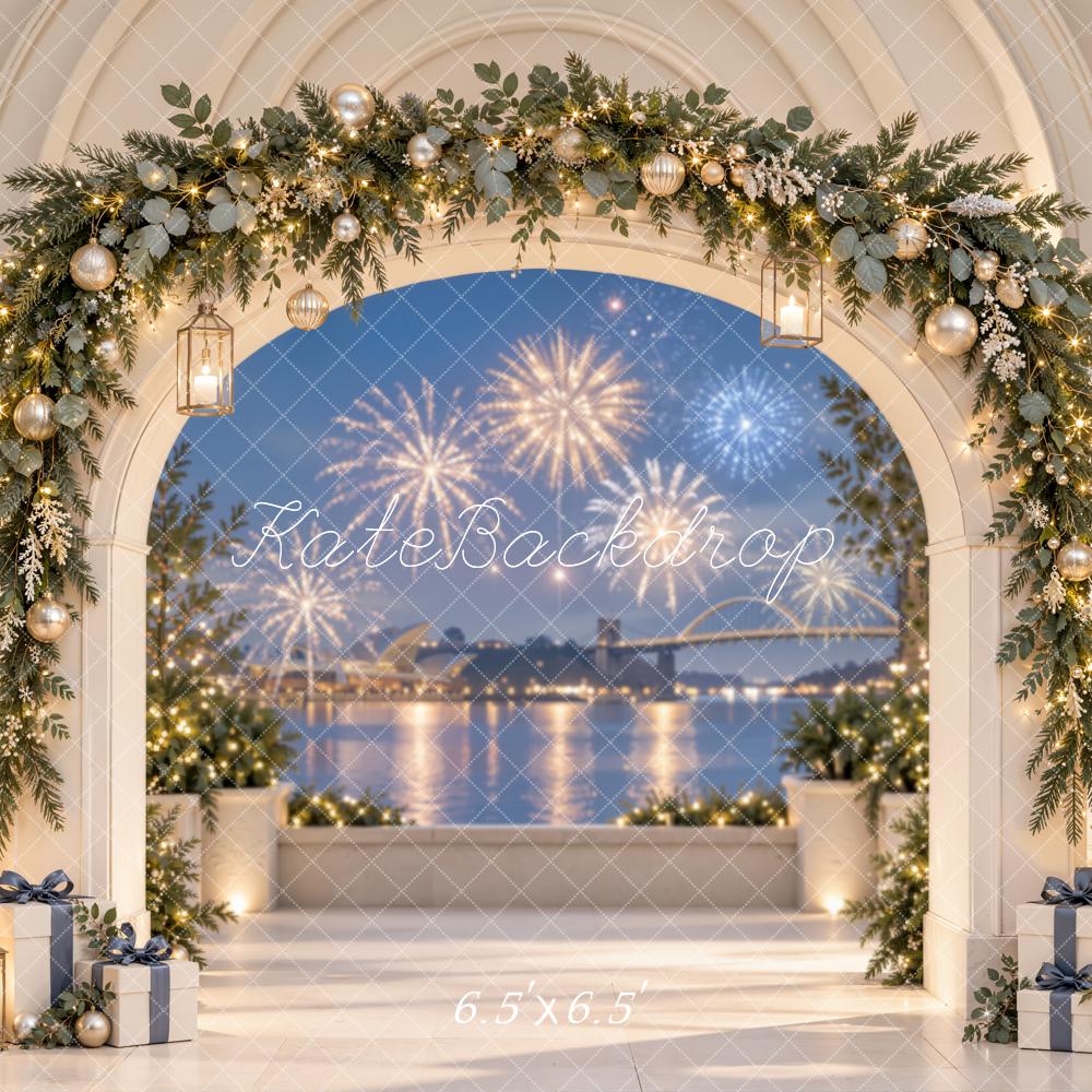 Kate Christmas Garland Arch Fireworks Waterfront Printed Backdrop Designed by Emetselch
