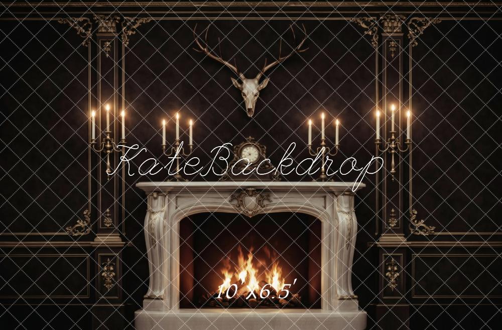 Kate Black Ornate Fireplace Candle Wall Antlers Printed Backdrop Designed by Vertigo Productions