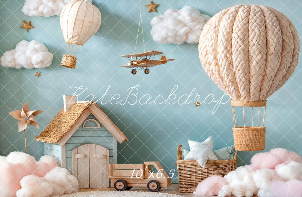 Kate Cake Smash Hot Air Balloon Airplane Cloud House Blue Backdrop Designed by Emetselch