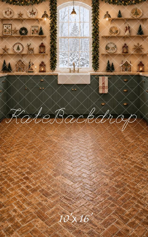 Kate Sweep Christmas Cozy Kitchen Window Brick Floor Printed Backdrop Designed by Vertigo Productions
