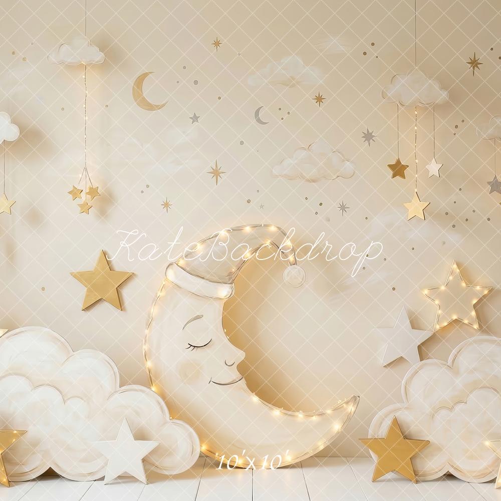 Kate Cake Smash Crescent Moon Clouds Gold Stars Printed Backdrop Designed by Patty Roberts