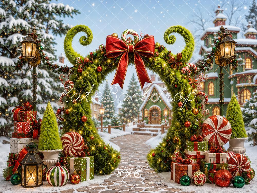 Kate Christmas Fantasy Green Arch Village Peppermint Candy Lane Printed Backdrop Designed by Chain Photography