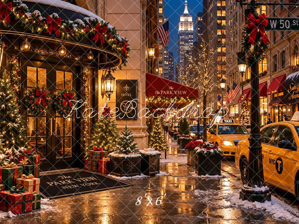 Kate Christmas Shop Snowy City Street Taxis Printed Backdrop Designed by Shutter Swan Studios