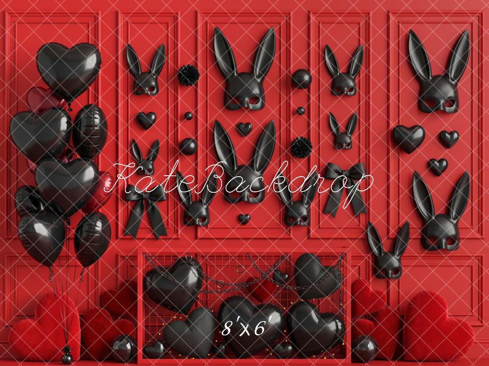 Kate Valentine's Day Boudoir Black Bunny Balloons Red Wall Hearts Printed Backdrop Designed by Patty Roberts