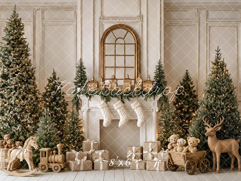 Kate Christmas Fireplace Trees Gifts Wood Reindeer Rocking Horse Printed Backdrop Designed by Emetselch