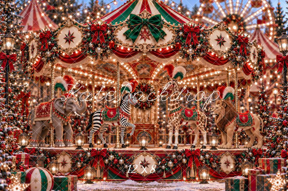 Kate Christmas Circus Carousel Animals Amusement Park Printed Backdrop Designed by Ashley Paul