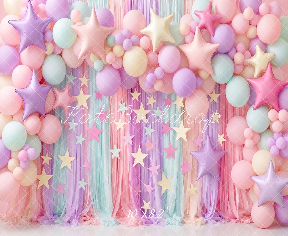 Kate Birthday Party Pastel Balloon Star Curtain Printed Backdrop Designed by Angela Miller
