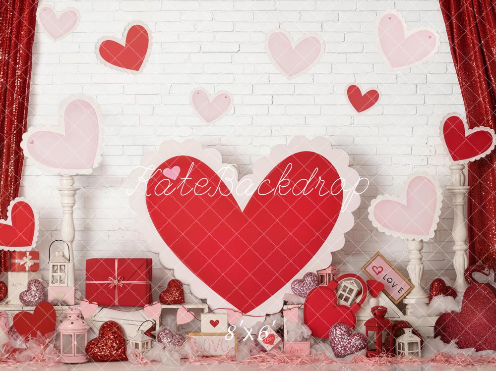 Kate Valentine's Day Red Hearts Gifts White Brick Wall Backdrop Designed by Emetselch