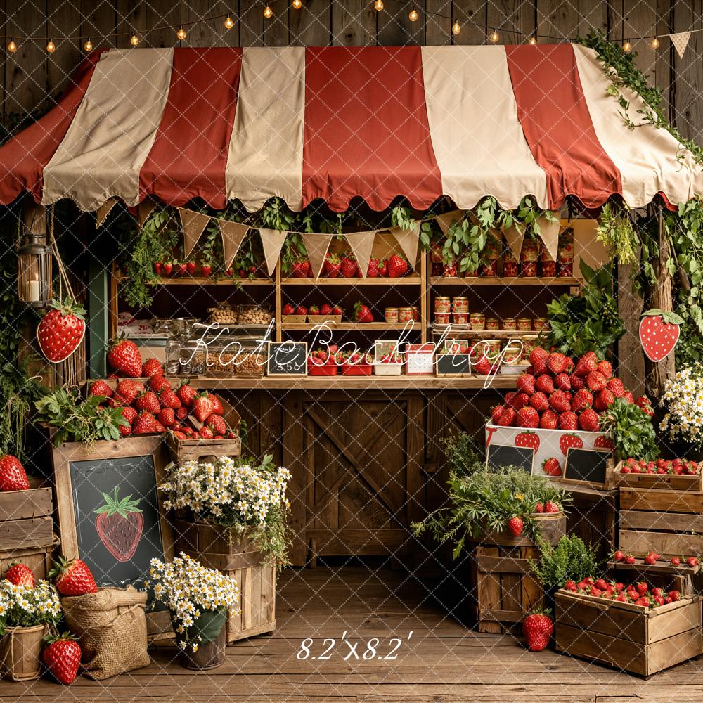 Kate Summer Strawberry Market Stand with Flowers and Crates Backdrop Designed by Emetselch