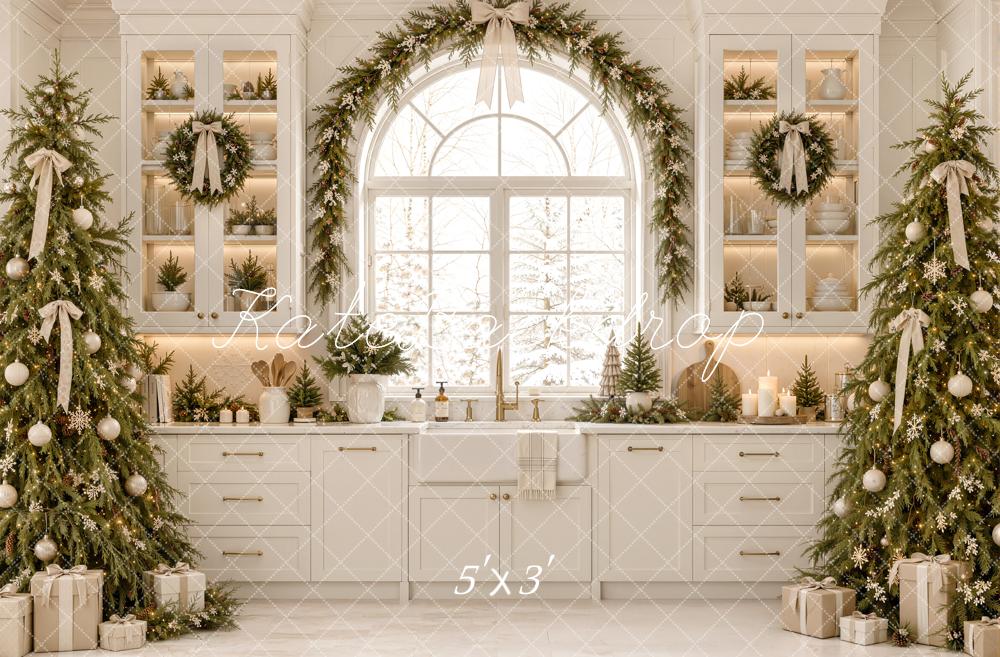 Kate Christmas White Kitchen Cabinet Window Trees Garland Printed Backdrop Designed by Emetselch
