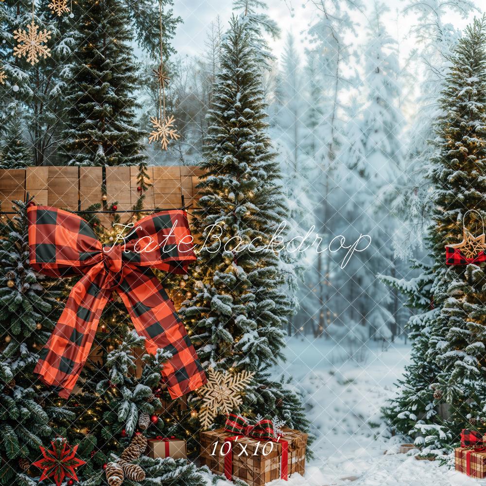 Kerstboom Sneeuwachtig Bos Strik Cadeaus Foto Achtergrond Designed by Emetselch