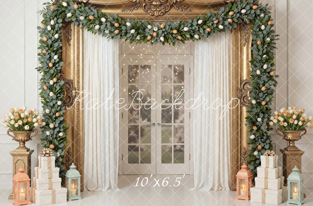 Kate Spring Flower Arch Gold Frame French Doors Gift Boxes Lanterns Backdrop Designed by Mini MakeBelieve