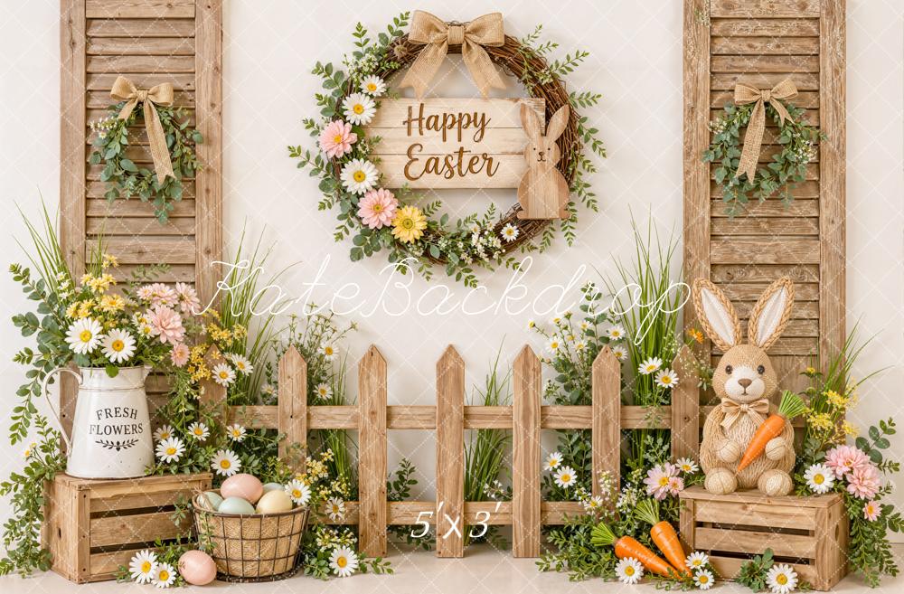 Kate Easter Rustic Garden Wood Fence Bunny Wrearth Printed Backdrop Designed by Emetselch