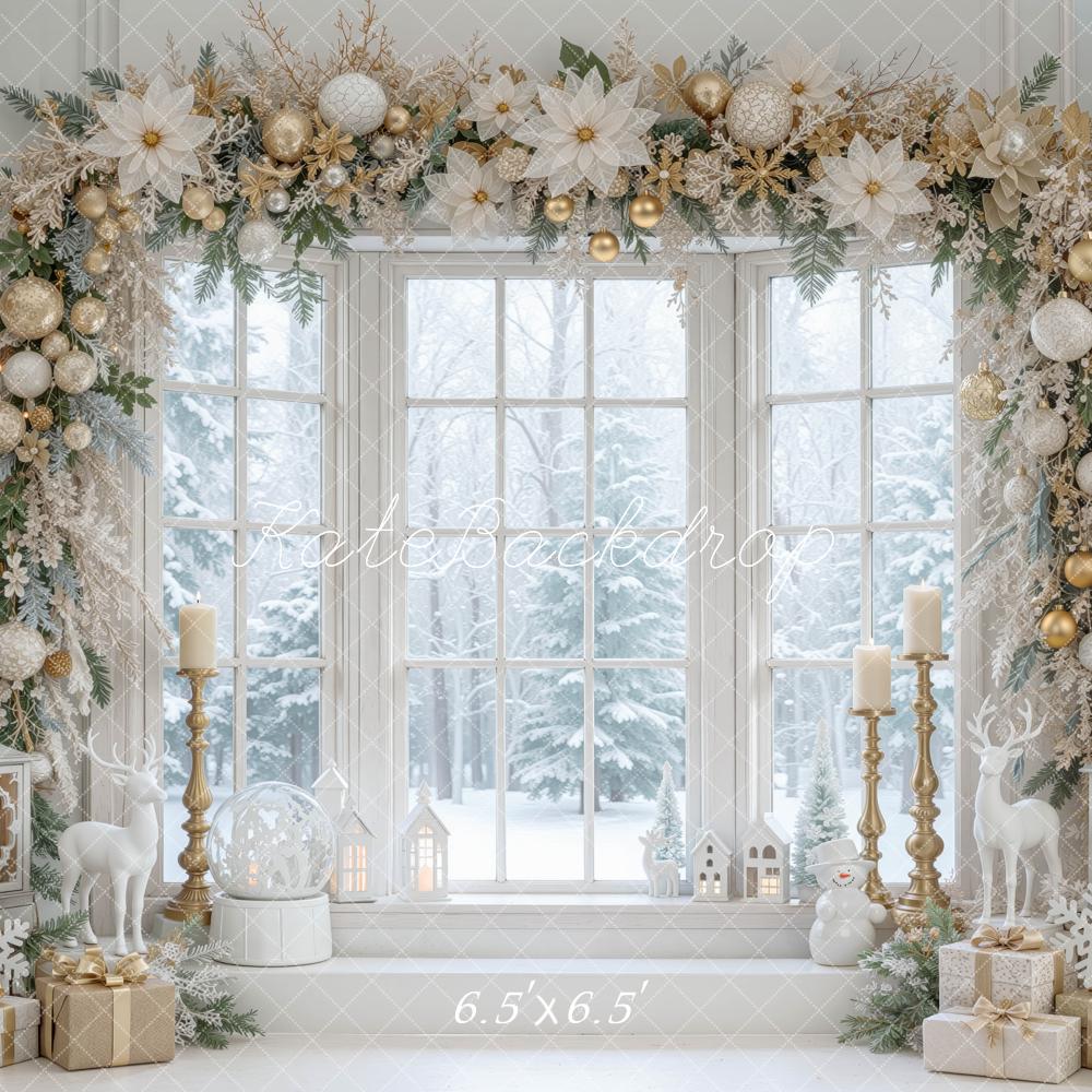 Kate Christmas White Gold Floral Window Arch Printed Backdrop Designed by Mini MakeBelieve