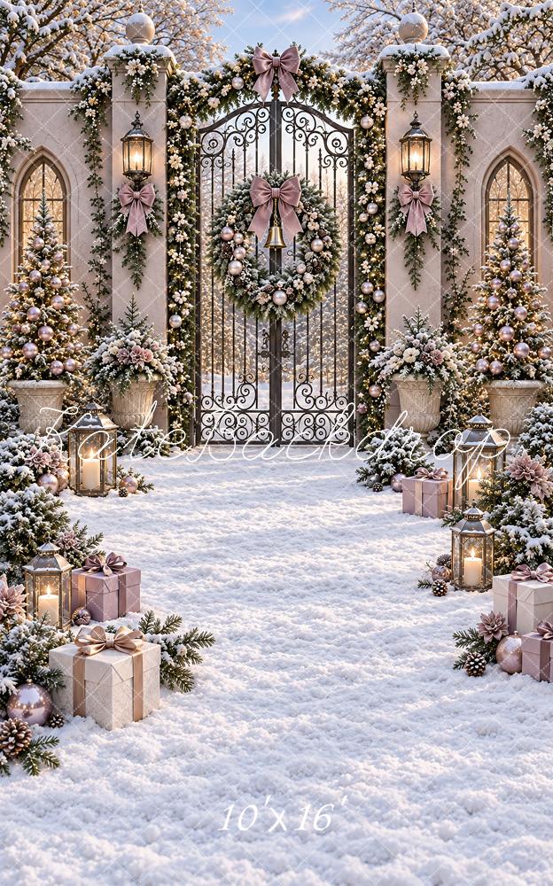 Kate Sweep Christmas Snowy Garden Iron Gate Wreath Printed Backdrop Designed by Vertigo Productions
