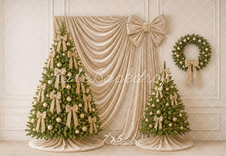 Kate Christmas Tree Gold Bow Wreath Draped Curtain Printed Backdrop Designed by Emetselch