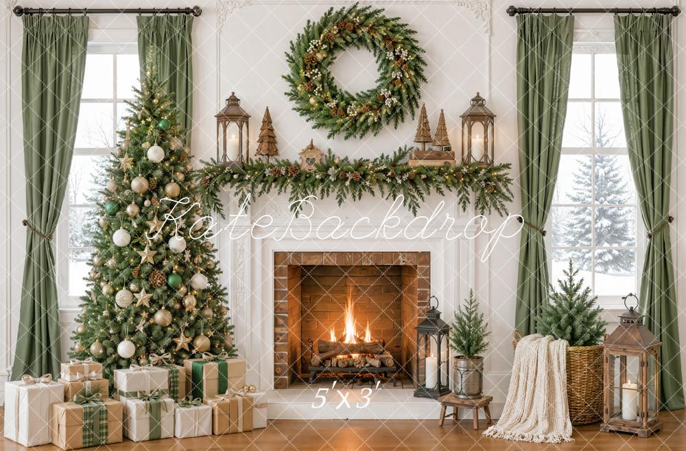 Kate Christmas Fireplace Tree Wreath Garland Lanterns Winter Window Printed Backdrop Designed by Emetselch