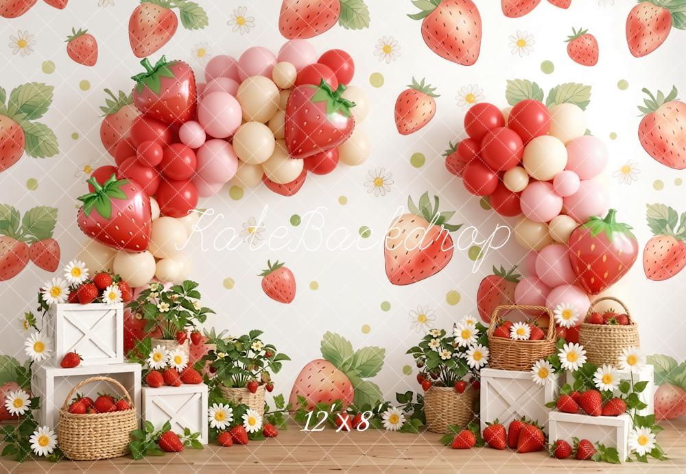 Kate Summer Strawberry Balloon Arch Daisy Basket Printed Backdrop Designed by Emetselch