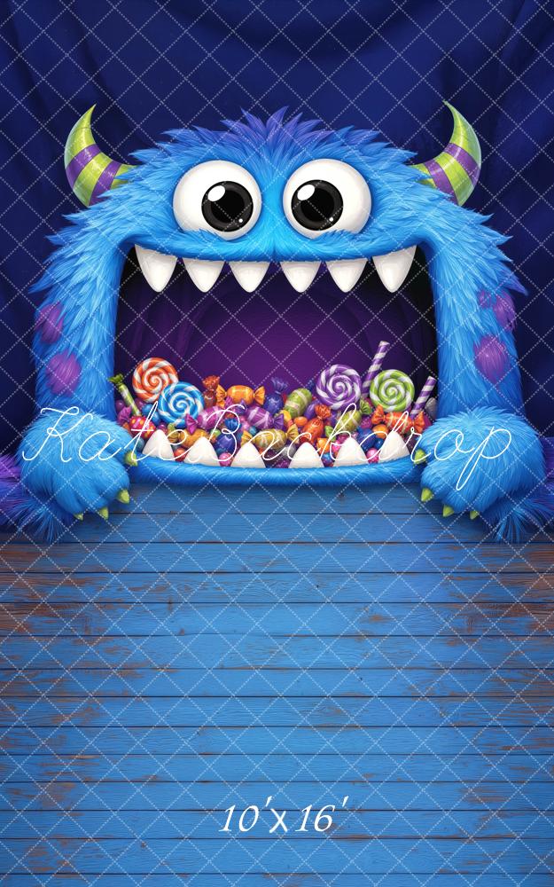 Kate Halloween Trunk or Treat Blue Furry Monster Candy Printed Backdrop Designed by Mini MakeBelieve