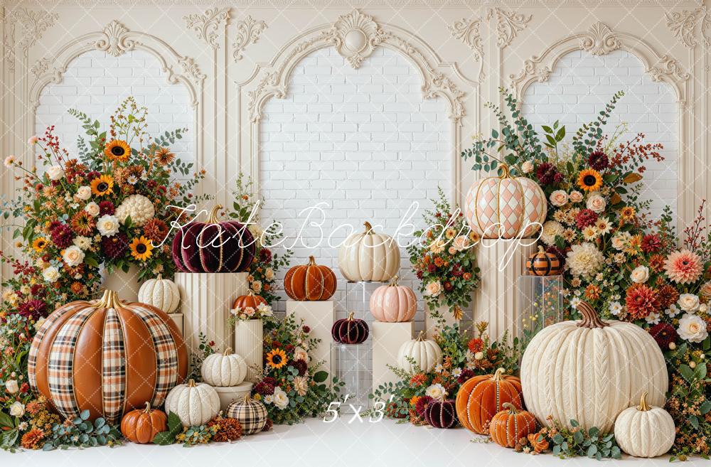 Kate Fall Pumpkin Harvest Floral Arch Vintage Wall Printed Backdrop Designed by Mini MakeBelieve