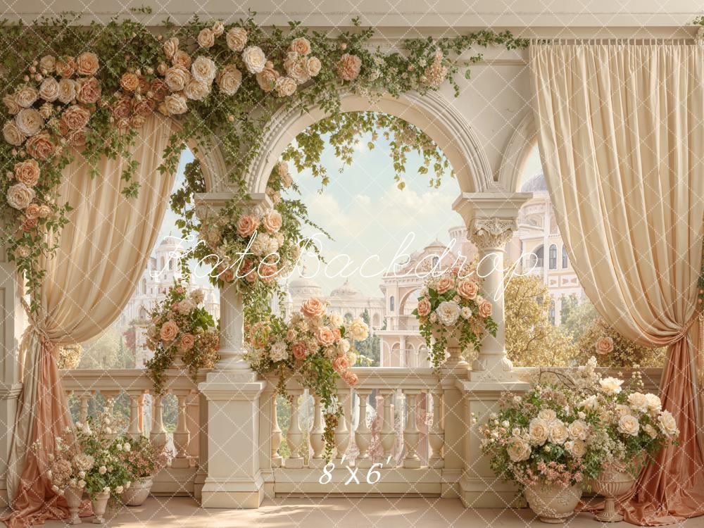 Kate Spring Flower Arch Cream Balcony Floral Drapes Printed Backdrop Designed by Emetselch