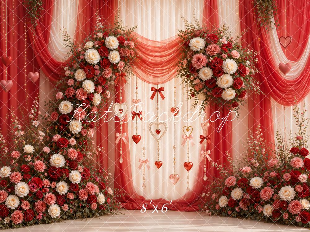 Kate Valentine's Day Floral Red Drapes Arch Hearts Garland Printed Backdrop Designed by Emetselch