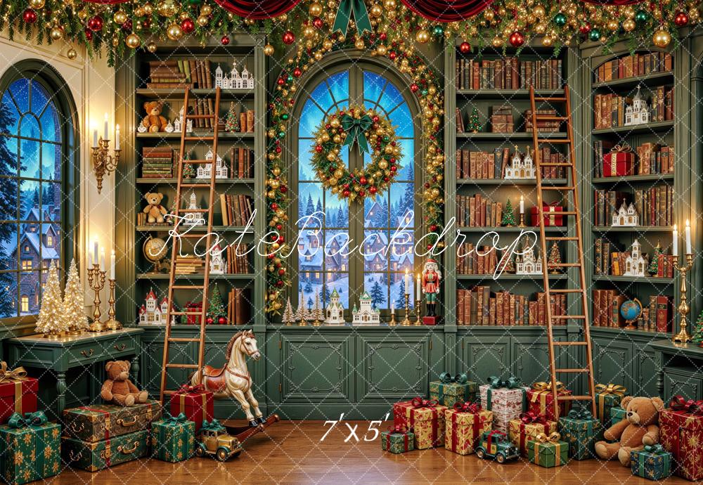 Kate Christmas Green Library Bookshelves Wreath Gifts Printed Backdrop Designed by Mini MakeBelieve