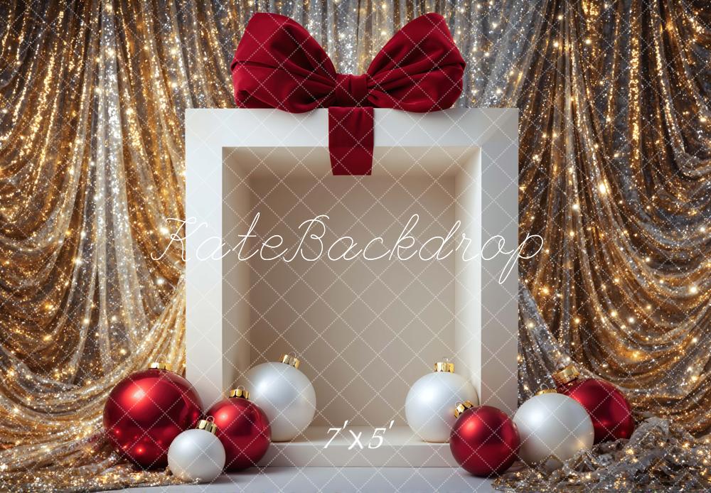 Kate Christmas Gift Box Red Bow Ornaments Gold Glitter Drapes Printed Backdrop Designed by Mini MakeBelieve